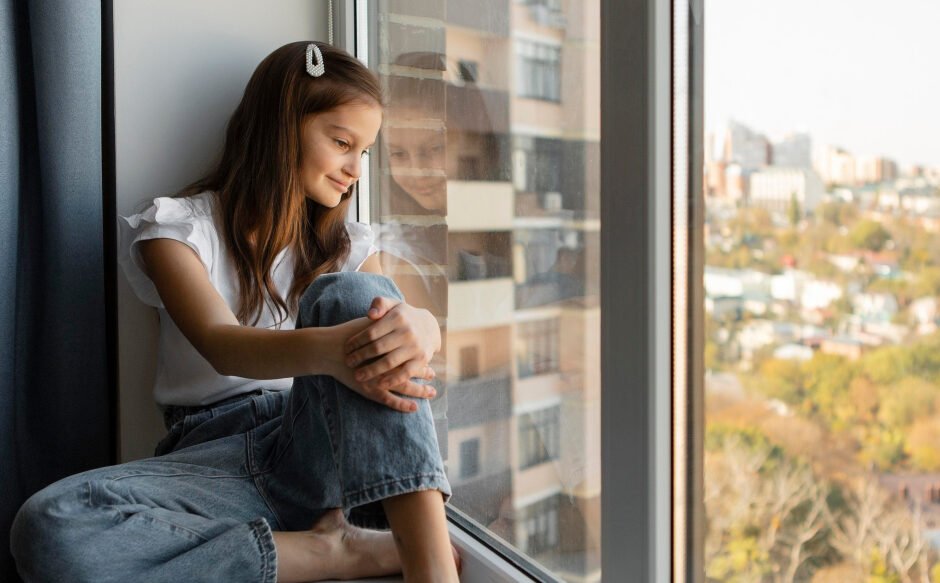 A girl sitting by the window