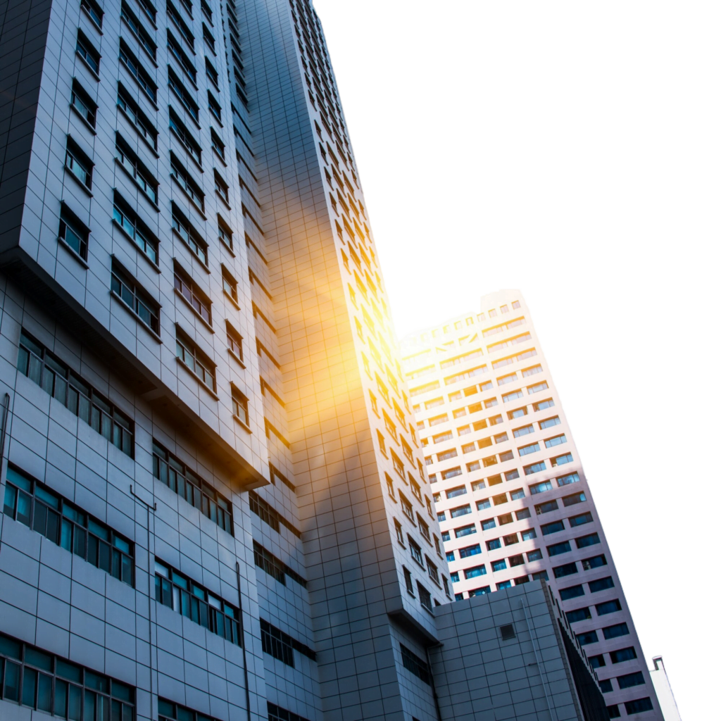 A skyline dominated by towering office buildings