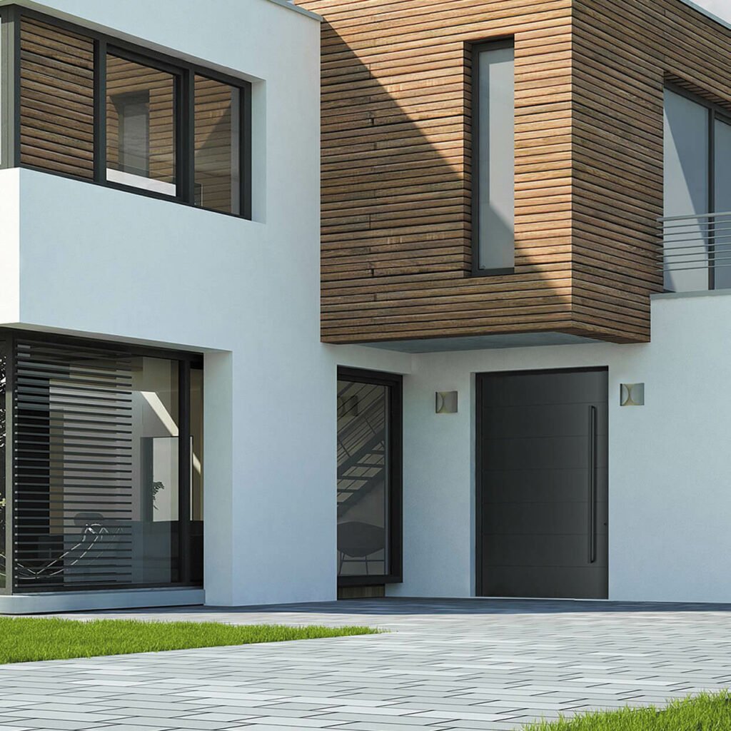 Modern home entrance featuring elegant Pivot doors with a sleek design and contemporary appeal