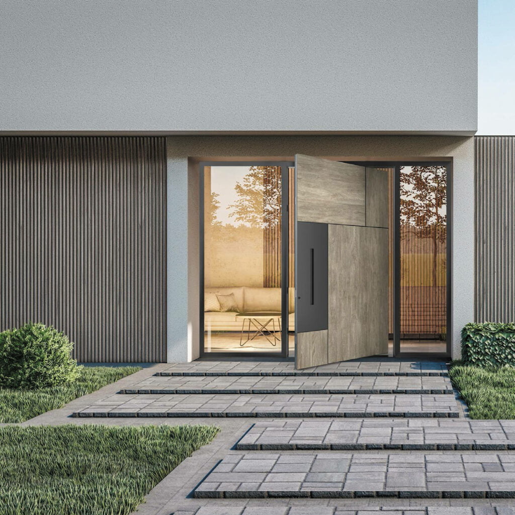 Elegant modern entrance featuring Pivot 07 Doors with a sleek and contemporary design