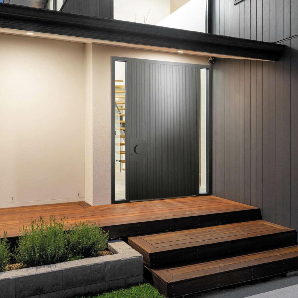 Contemporary front entrance featuring Pivot 12 Doors with a clean design and innovative pivot technology