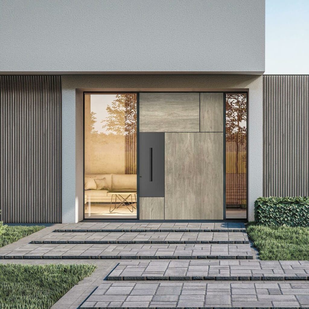 Modern home entrance featuring elegant Pivot doors with a sleek design and contemporary appeal